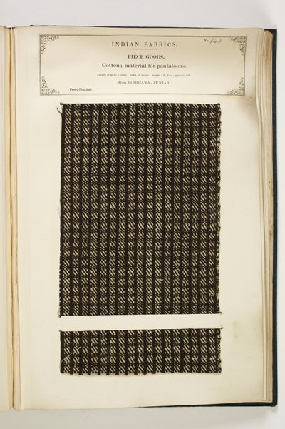 Materiał na Pantaloons, Loodiana, Punjab, Piece Goods, z The Collection of the Textile Manufacturers of India, autorstwa Johna Forbesa Watsona, opublikowany w 1866 r. autorstwa Indian School