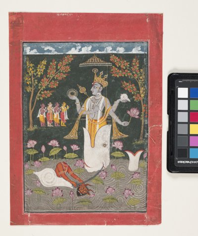 Matsya Avatar Of Vishnu: The Slaying Of Sankh Asura (gwasz i złoto na papierze) autorstwa Indian School