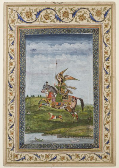 Miniatura przedstawiająca scenę uskrzydlonej postaci na koniu, prawdopodobnie szkoła Delhi, Mughal, Indie, pocz. XIX w. (akwarela i złocenia na papierze) autorstwa Indian School