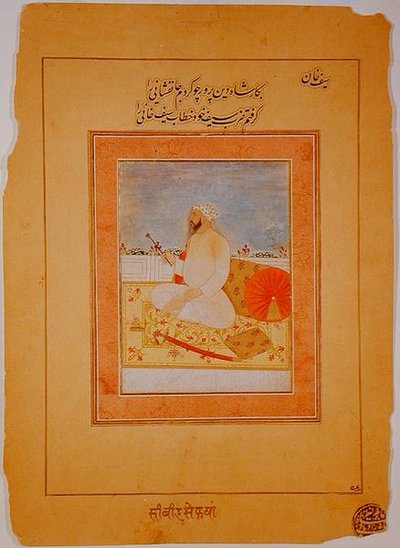 Miniatura Saif Khana, gubernatora Agry, Indian, ok. 1670-80 (nieprzezroczyste pigmenty mineralne na papierze płowożółtym) autorstwa Indian School