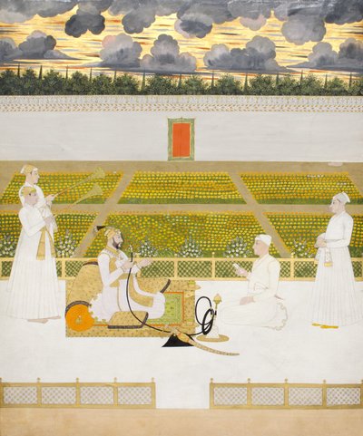 Mir Jaffar, Nawab z Murshidabad, z dworzaninem i służącymi, ok. 1760 (nieprzezroczysta toaleta i złoto na papierze) autorstwa Indian School