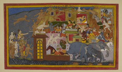 Małpy palą Laṅkā, demony uciekają, a sojusznicy Rāmy przygotowują się do działania. autorstwa Indian School