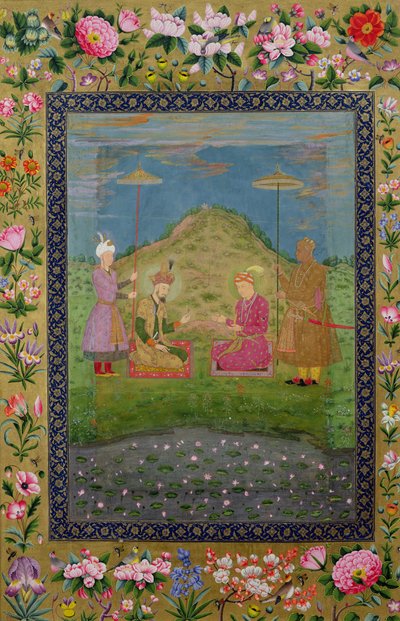 Pani E-14 Humayun (1508-56) i Akbar (1542-1605) z wezyrem, z Moraqqa autorstwa Indian School