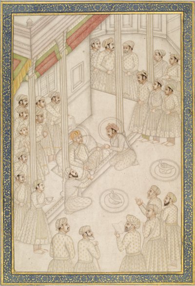 Cesarz Mogołów Akbar Holding Court podczas ostatniej choroby, połowa XVIII wieku (liść albumu; pigment ze złotem na polerowanym papierze) autorstwa Indian School