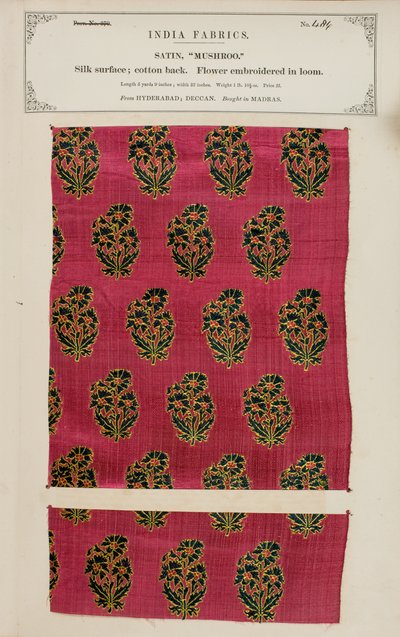 Próbka satyny grzybowej z Hyderabadu w Dekanie, z The Collection of the Textile Manufacturers of India, Johna Forbesa Watsona, opublikowana w 1866 r. autorstwa Indian School