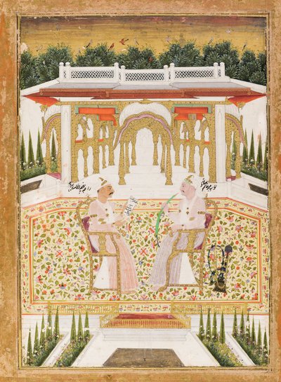 Nawab Mir Alam Bahadur i Raja Chandu Lal Bahadur, ok. 1800 (nieprzezroczysta toaleta i złoto na papierze) autorstwa Indian School