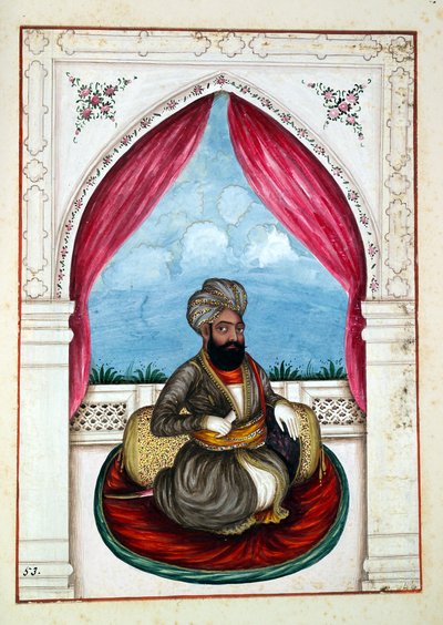 Nawab Mohammad Akhbar Khan, z Królestwo Pendżabu, jego władcy i wodzowie, tom II, tom 30 studiów akwarelowych niezidentyfikowanego indyjskiego artysty, ok. 1840 (wc na papierze) autorstwa Indian School