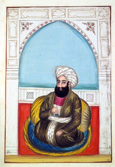 Nawab Synd Mohammad Khan, z Królestwo Pendżabu, jego władcy i wodzowie, tom II, tom 30 studiów akwarelowych niezidentyfikowanego indyjskiego artysty, ok. 1840 (wc na papierze) autorstwa Indian School