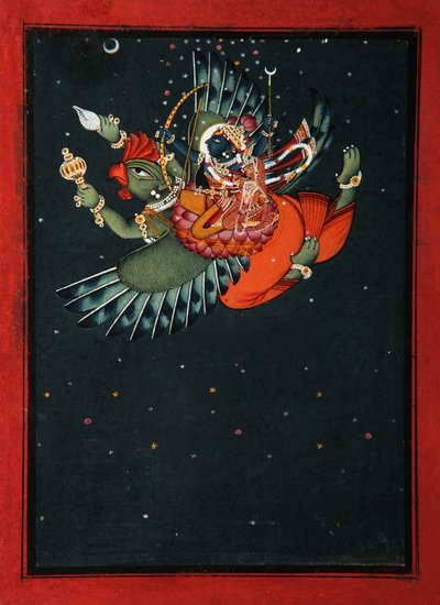 Na skrzydłach Garudy: Krishna i Satyabhama latają po nocnym niebie, ok. 1750 (nieprzezroczysta toaleta i złoto na papierze) autorstwa Indian School