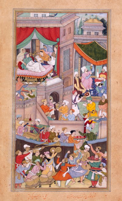 Lub. 12988, f.34v Astrologowie odlewający horoskopy podczas obchodów urodzin Timura (1336) przez Surdas Gujarati autorstwa Indian School
