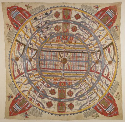 Lub 13937 f.1 Diagram Wszechświata, z tekstem w sanskrycie i gudżarati (akwarela na tkaninie) autorstwa Indian School