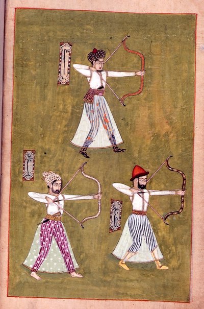 Lub 14143 fol.16v Archers, z „Hidayat al-rami” (kolor lito) autorstwa Indian School
