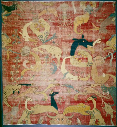 Fragment dywanu z fantastycznymi zwierzętami na czerwonej ziemi, Mogołów, ok. 158085 (włosie z bawełny i wełny) autorstwa Indian School