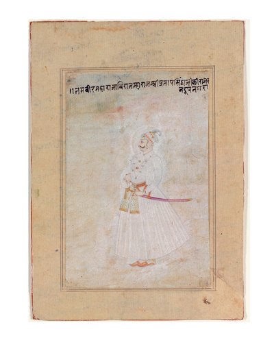 Portret władcy radźputów, stojący, ok. 1770 (nieprzezroczysta toaleta i złoto na papierze) autorstwa Indian School