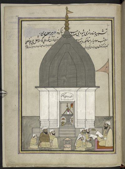 Kapłan i wierni w świątyni Shiva, Srinagar,  86 rysunków oprawionych w tom przedstawiający zawody i zawody w Kaszmirze, rzemieślników przy pracy z narzędziami i sprzętem,  Artysta z Kaszmiru, prawdopodobnie w Srinagar, ok. 1850-60 (go autorstwa Indian School