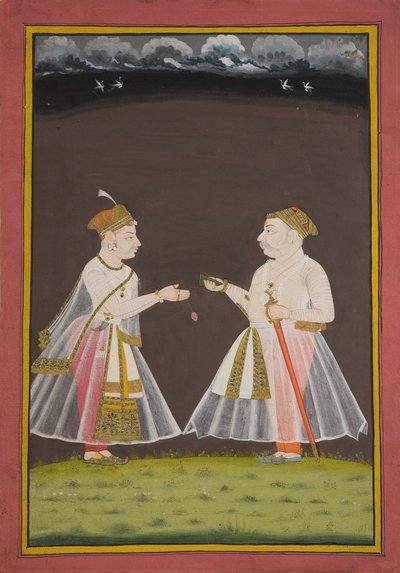 Prawdopodobnie portret Rana Raj Singh z Udaipuru (1661-81) oferującego patelnię szlachcicowi, 1820 autorstwa Indian School