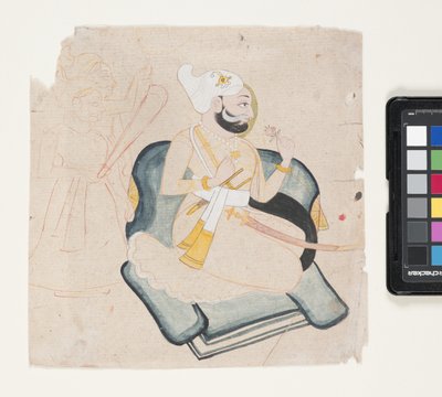 Profil klęczącego księcia z dwoma pomocnikami (tusz pędzla i akwarela na papierze) autorstwa Indian School