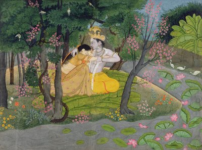 Radha i Krishna w gaju kwitnących drzew, ok. 1780 r. (wc na papierze) autorstwa Indian School