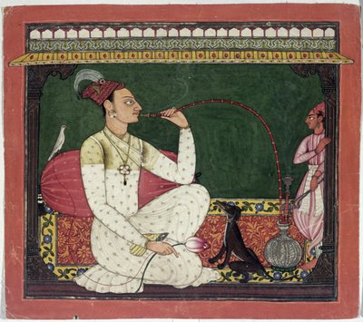 Raja Medini Pal, zainspirowany rzekami w postaciach Takri Bilauria Medini Pal, Basohli, Himachal Pradesh, Pahari School, 1735 autorstwa Indian School