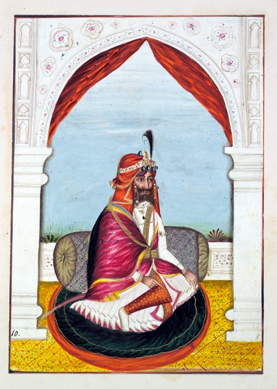 Rajah Suchet Singh, z Królestwo Pendżabu, jego władcy i wodzowie, tom I, tom 27 studiów akwarelowych niezidentyfikowanego indyjskiego artysty, ok. 1840 (wc na papierze) autorstwa Indian School
