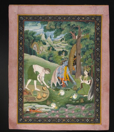 Rama, Lakszmana i Sita gotujący i jedzący w dziczy, ok. 1820 (gwasz ze złotem na papierze) autorstwa Indian School
