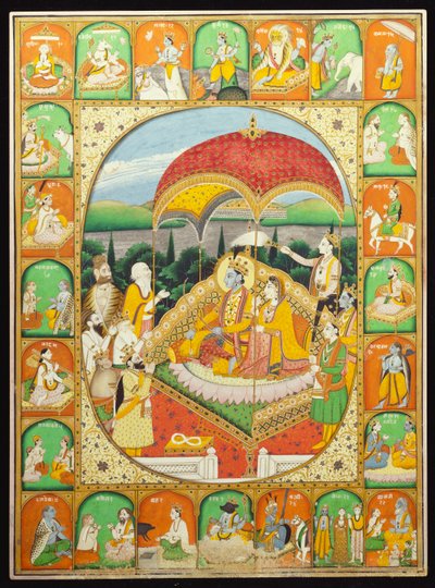 Rama i Sita na tronie, czczony przez Śiwę, Hanumana i innych, 1800-20 autorstwa Indian School