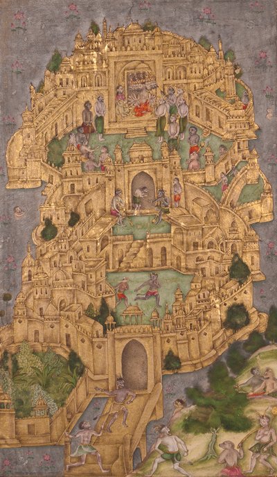 Złota cytadela Ravanas na Lance, ok. 1610 (nieprzezroczyste wc i złoto na papierze) autorstwa Indian School