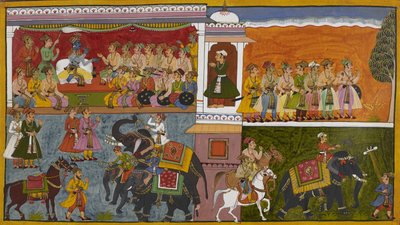 Rāma wysyła dworzan, by zbadali pogłoski o Sītā, a oni odjeżdżają konno i na słoniach autorstwa Indian School