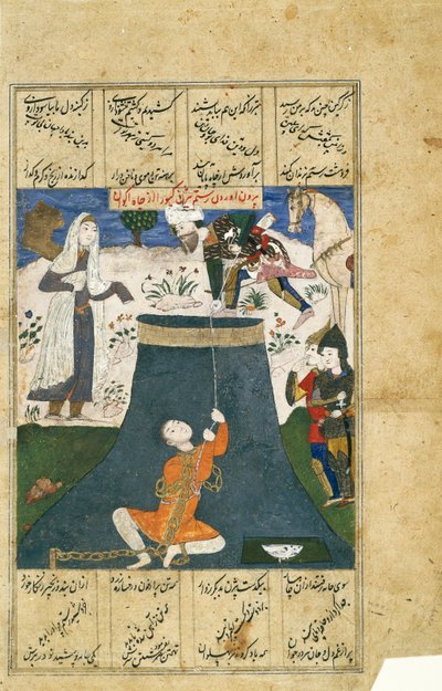 Rustam Rescues Bizhan from the Dungeon, Leaf z rozproszonej serii Shah-nama (nieprzezroczysta akwarela, srebro i złoto na papierze) autorstwa Indian School