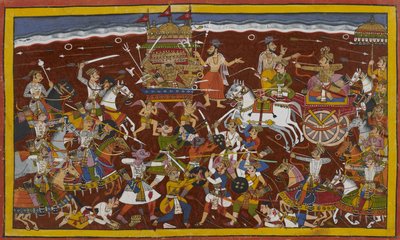 Rāvaṇa walczy z Mandhattą, lecz mędrcy godzą ich. autorstwa Indian School