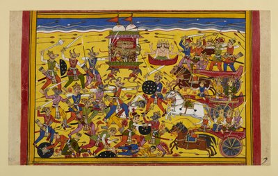 Rāvaṇa walczy z Nivātakavacasami przez rok, dopóki Brahma nie interweniuje i nie zawierają pokoju. autorstwa Indian School