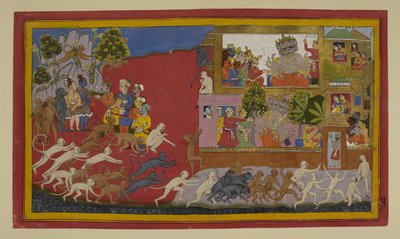 Rāvaṇa oszukuje Sītā fałszywą głową; małpy zwiadowcze Laṅkā autorstwa Indian School