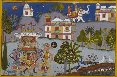 Rāvaṇa maszeruje na Devalokę, gdy Indra rusza, by zebrać bogów i szukać pomocy Viṣṇu autorstwa Indian School