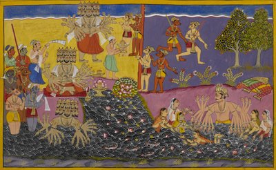 Rāvaṇa czci lingę na Narmadzie, gdy król Arjuna kąpie się w pobliżu autorstwa Indian School