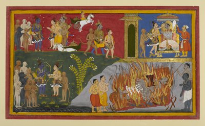 Odbywają się obrzędy pogrzebowe Rāvaṇa; Vibhīṣaṇa zostaje koronowany na króla przez Lakṣmaṇa autorstwa Indian School