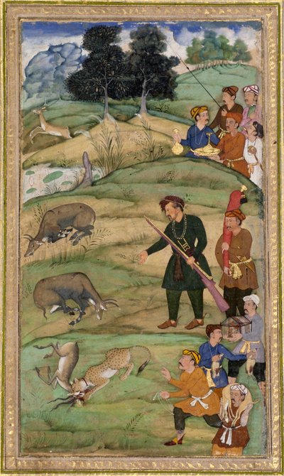 Salim, trzymający karabin, pokazuje martwego nilgai, ok. 1600 (nieprzezroczysta toaleta i złoto na papierze) autorstwa Indian School