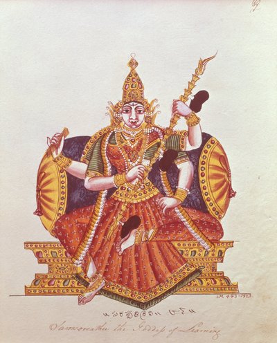 Saratheswathee, hinduska bogini nauki, z napisami w języku angielskim i angielskim (wc na papierze) autorstwa Indian School