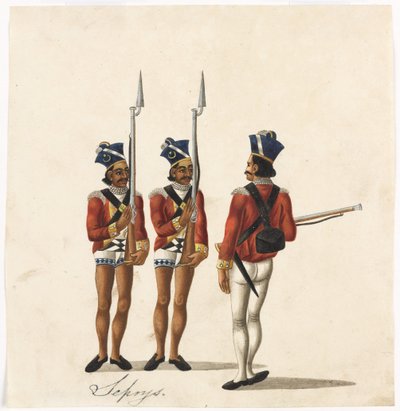 Sepoys i indyjski oficer, armia bengalska, c.1815 (akwarela na papierze) autorstwa Indian School