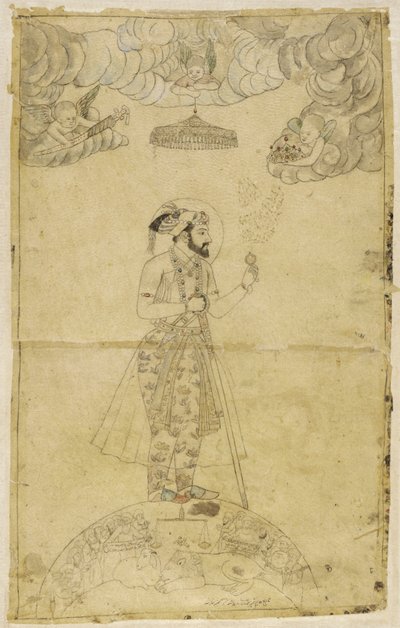 Shah Jahan stojący na globusie (złoto i kolor na papierze) autorstwa Indian School