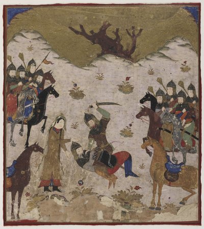 Shahru identyfikuje Burzu jako wnuka Rustama podczas ostatecznej walki między Rustamem i Burzu, ok. 1425-50 (nieprzezroczysta akwarela i złoto na papierze autorstwa Indian School
