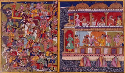 Synowie Sukeszy przygotowują się do bitwy, z „Ramayana, Uttara Kanda” 1653 (welum) autorstwa Indian School