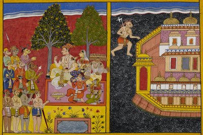 Sumāli namawia Rāvaṇę do pochwycenia Laṅkā, gdy Prahasta szuka aprobaty Vaisravy. autorstwa Indian School