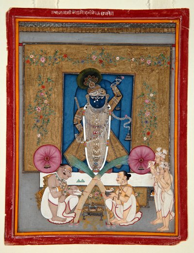Adoracja Kryszny jako Shrinath ji, 1800-25 (nieprzezroczysta toaleta i złoto na papierze) autorstwa Indian School