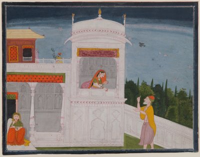 Brahmin Sudama i Rukmini w pałacu, strona z odcinka Sudama z serii Bhagavata Purana, ok. 1800 lub później (wc na papierze) autorstwa Indian School