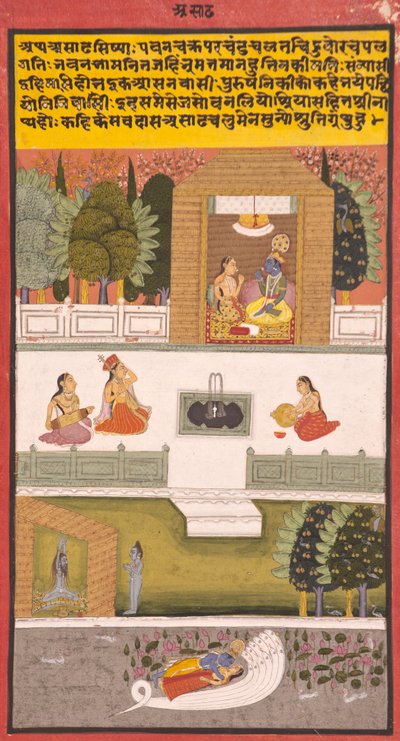 Ósmy miesiąc: Asadha, 1730 (nieprzezroczysta toaleta i złoto na papierze) autorstwa Indian School