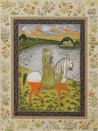 Cesarz Muhammad Szach, konny, na polu łowieckim, ok. 1750 (nieprzezroczysta toaleta i złoto na papierze) autorstwa Indian School