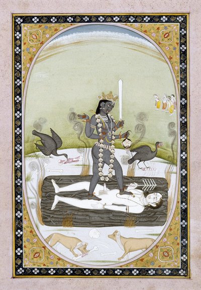 Bogini Kali reprezentowana na obrazie Kangra, Himachal Pradesh, ok. 1820-5 (nieprzezroczysta akwarela i złota farba na papierze) autorstwa Indian School