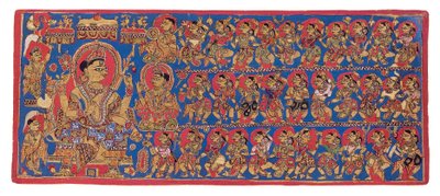 Niebiański dwór Indry, z Kalpasutry „Devasanaparo Bhandar”, ok. 1475 (nieprzezroczysta akwarela i złoto na papierze) autorstwa Indian School