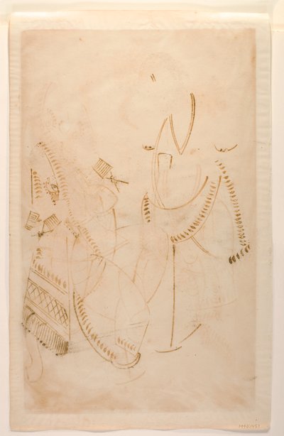 Mahant z Tarakeszwar ze swoją kochanką Elokeshi, która oferuje mu patelnię, Album Kalighat, ok. 1880 (wc na papierze) autorstwa Indian School