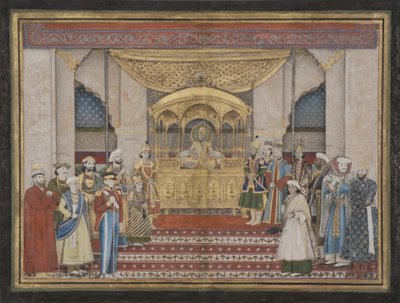Cesarz Mogołów Bahadur Shah II w Darbar, 1839 (nieprzezroczysta toaleta i złoto na papierze) autorstwa Indian School